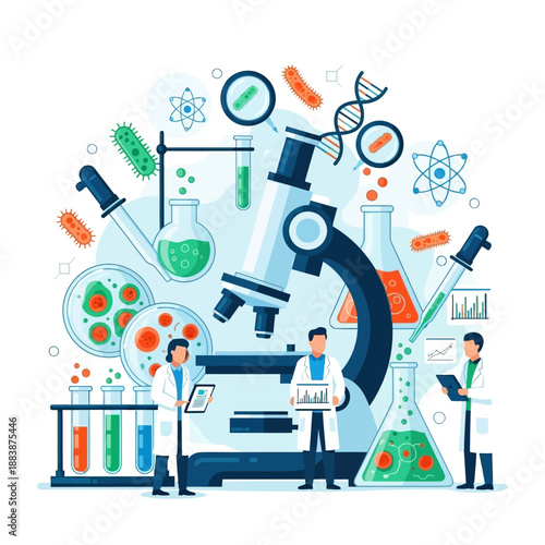 Microbiology Lab Research: Scientists Analyze Bacteria and DNA with Microscope