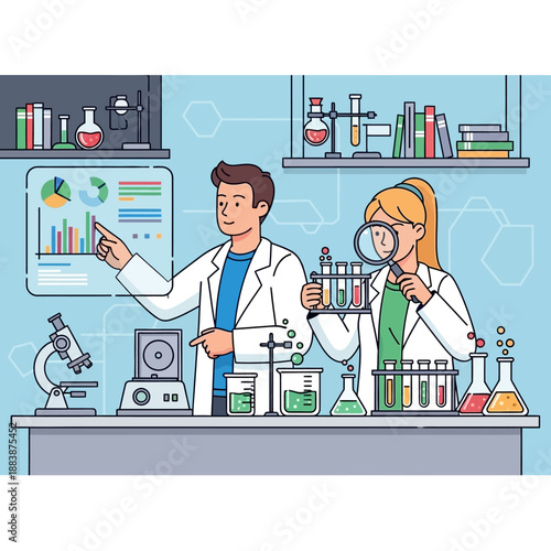 Scientists analyzing data and testing samples in a modern laboratory setting.