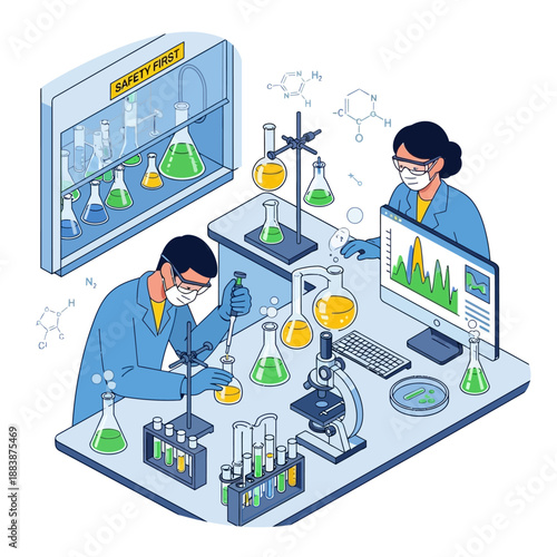 Scientists working in a laboratory with scientific equipment and chemical formulas