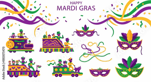 Colorful Mardi Gras elements and icons, including masks, trains, and beads, arranged on a white background with festive purple, green, and yellow ribbons and confetti.