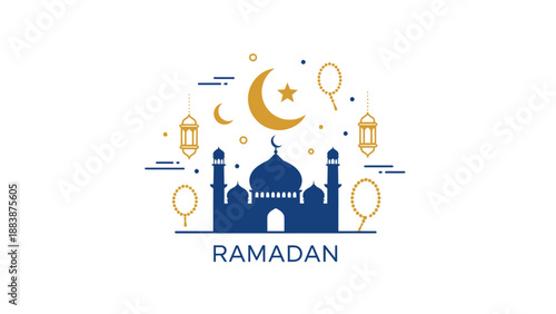 Ramadan Kareem Celebration with Mosque, Crescent Moon, and Lanterns, a Symbol of Islamic Culture and Festive Occasion