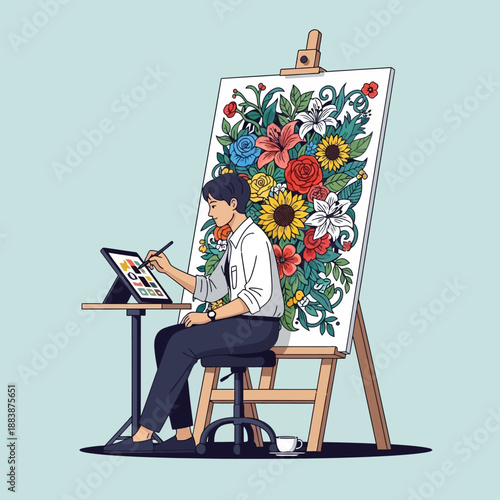 Artist painting vibrant floral bouquet on canvas with digital tablet