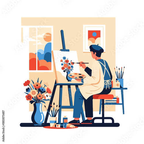 Artist painting flowers on canvas in studio, creative hobby, illustration