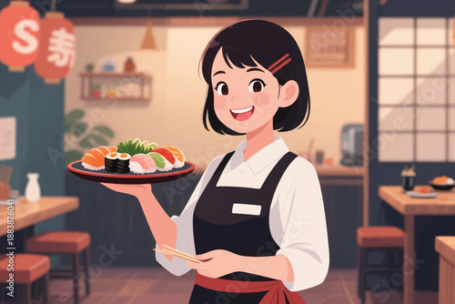Illustration Of A Beautiful Female Waitress Wearing An Apron, Serving Sushi Vector Design Template