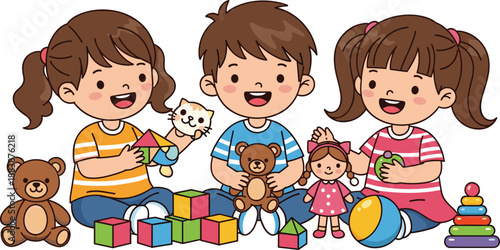 Cartoon children playing with toys including blocks, teddy bear, doll, and stacking rings, early childhood development theme illustration, transparent background graphic