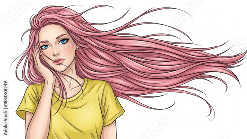 Young woman with long flowing pink hair in a yellow shirt.