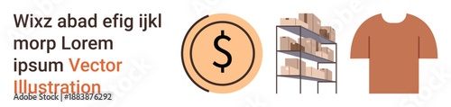 Online shopping, inventory management, retail business, product packaging, financial transactions, wholesale distribution. Coin symbol, shelves with boxes and a t-shirt icon. E-commerce