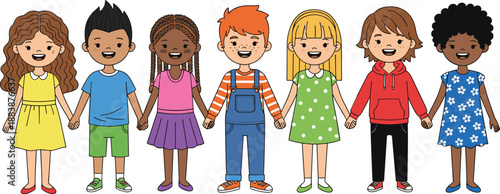 Cartoon children standing in row holding hands with diverse clothing and hairstyles, unity and friendship theme illustration, transparent background graphic