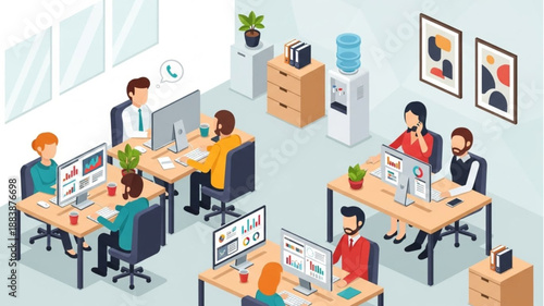 Modern office interior with diverse people working at computers.