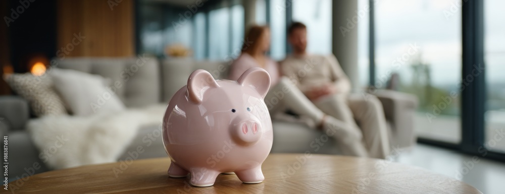 Obraz premium Couple relaxing together on sofa with piggy bank in modern living room 