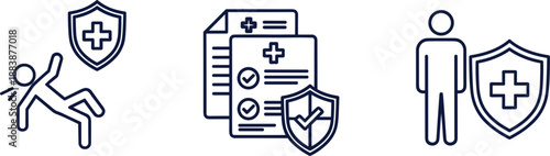Medical insurance and personal protection line icon set featuring accident coverage health policy documents and shield safety symbols for corporate design.