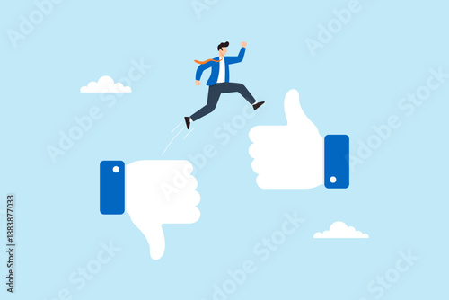 Flat illustration of businessman jumping from thumbs down to thumbs up symbolizing overcoming criticism positive feedback personal growth career improvement and success mindset