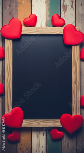 Red hearts charmingly surround empty board plus wooden frame