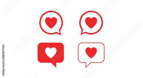 Simple set of red speech bubble icons featuring heart shapes inside for social media likes and romantic communication concepts.