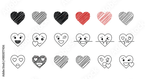 Fun collection of sketched heart shapes featuring different expressions and patterns for playful and romantic graphic designs.