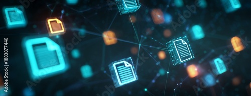Digital file icons connected in a network on dark background  