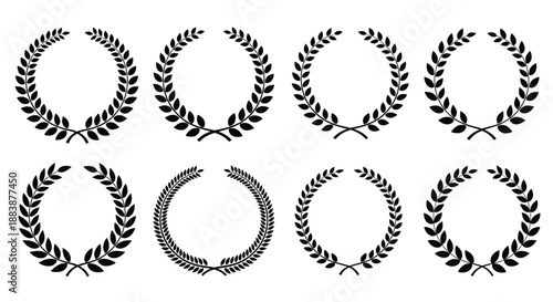 Versatile set of black laurel wreaths in many different styles and leaf shapes for use as symbols of victory or award emblems.