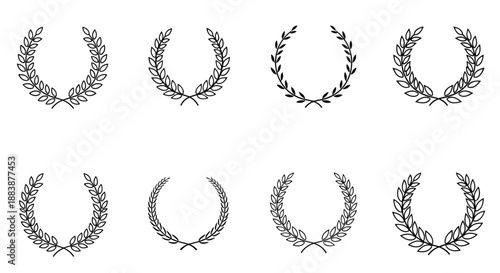 Comprehensive set of black laurel wreaths in several different styles for use as victory symbols or professional award emblems.