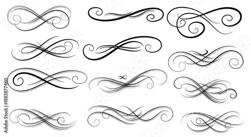 Large set of elegant calligraphic flourishes and decorative swirls for sophisticated typography and formal invitation designs.