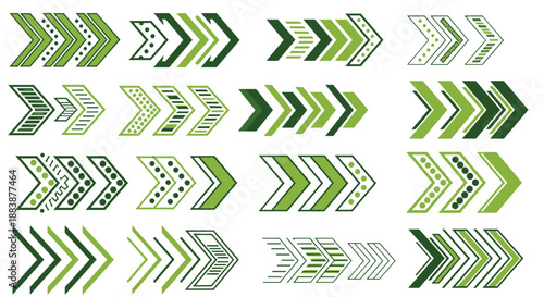 Creative collection of stylized green chevron and arrow icons with various patterns and layers for innovative navigation design.