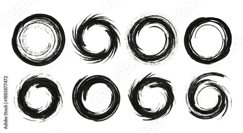 Collection of bold black circular brush strokes and swirl patterns showing textured artistic movement for dramatic graphic art.