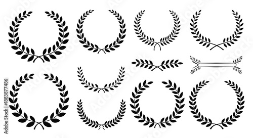 Elegant collection of black leaf wreaths and semi circular floral borders for classical and sophisticated graphic design projects.
