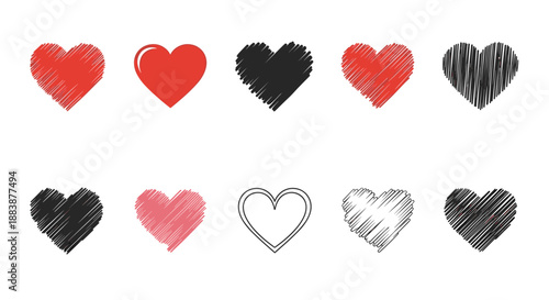 Selection of colorful heart icons in various sketch and solid styles for romantic celebrations and love themed graphic designs.
