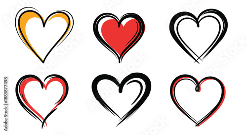 Set of large hand drawn heart outlines with colorful yellow and red accents for bold and expressive romantic graphic designs.