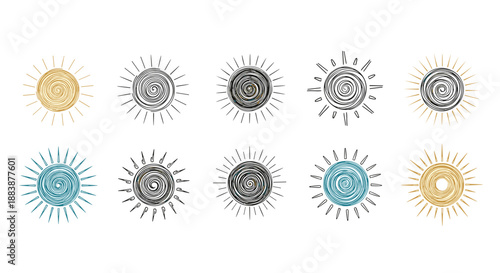 Set of circular sun icons with textured interiors and radial rays in soft earthy and blue color palettes.