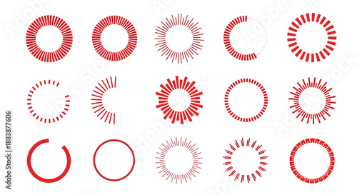 Set of circular progress bars and sunburst shapes in red color featuring different segment counts and line weights.