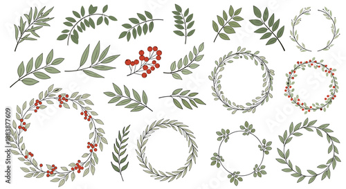 Collection of green leaf branches, red berries, and decorative wreaths in a soft hand-drawn style for festive designs.