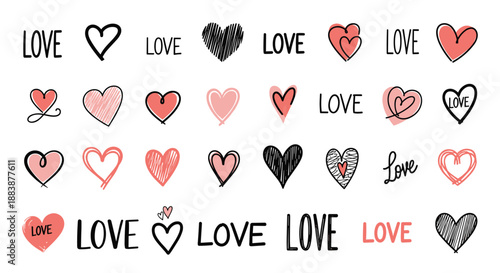 Collection of hand-drawn heart icons and the word Love in various artistic styles using black and pink colors.