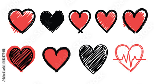 Set of roughly sketched red and black heart icons with brush stroke textures for casual and expressive designs.