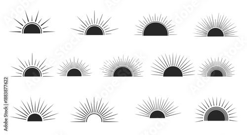 Set of black half-sun silhouettes with different ray styles and patterns for sunrise or sunset icon design.