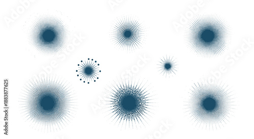 Abstract set of dark blue dotted bursts and textured blobs representing explosions, cells, or celestial objects.