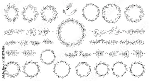 Collection of thin leaf wreaths and botanical dividers in black and white for elegant wedding and label designs.