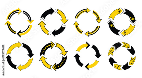 Collection of circular cycle arrows in yellow and black colors with various patterns and styles for process diagrams.