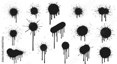 Collection of black ink paint splatters and heavy drips creating a messy grunge effect on a white background.