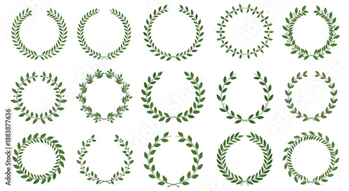 Set of vibrant green leaf wreaths in various styles suitable for ecological branding and natural product logos.