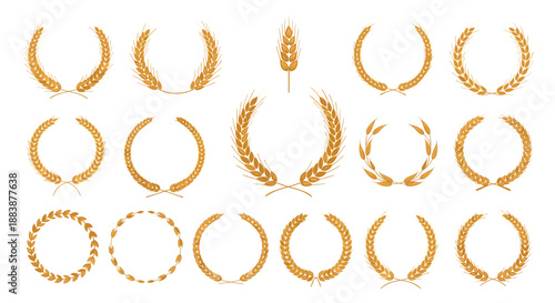 Golden set of wheat wreaths and single ears for agricultural businesses, bakery packaging, and harvest symbols.