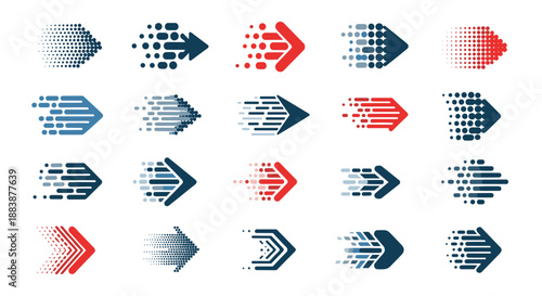 Collection of directional arrow icons in blue, red, and black with speed lines and dot trails for motion effects.