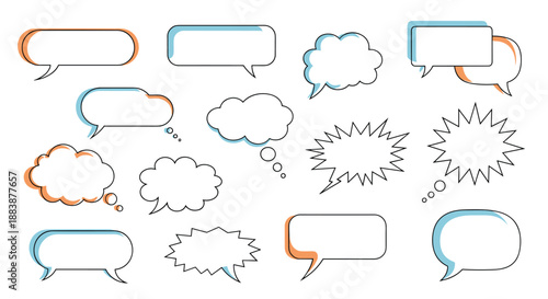 Assorted speech and thought bubble icons with creative shapes and colorful shadow effects for comics and digital communication.