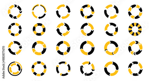 Selection of circular process icons composed of black and yellow arrows indicating flow, progress, and continuous cycles.