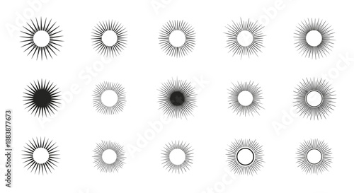 Variety of sunburst and starburst symbols in black and white featuring thin radiating lines for vintage and retro design themes.