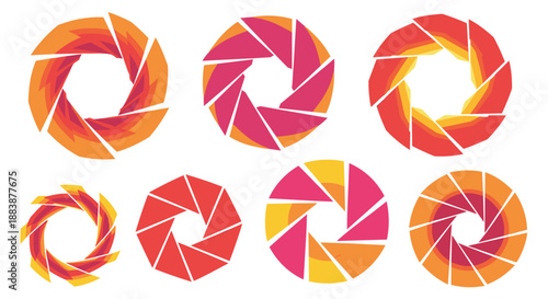 Vibrant circular abstract patterns composed of radial geometric segments in warm sunset colors for modern decorative arts.