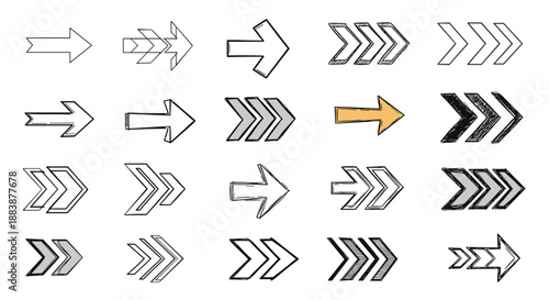 Assorted right pointing arrows and chevrons in various sketchy hand drawn styles including filled and outline versions for navigation.