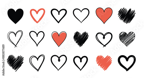 Charming collection of hand drawn hearts in different styles including sketchy outlines and red fills for romantic projects.
