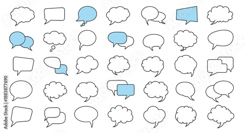 Huge variety of speech bubble icons in many shapes and sizes featuring white and light blue fills for communication design.