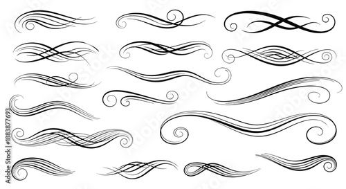 Collection of elegant black calligraphic flourishes and decorative swash elements for high end wedding and invitation design.