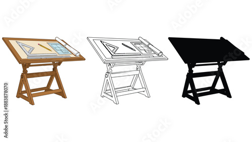 Three drafting tables in different illustration styles on a white background